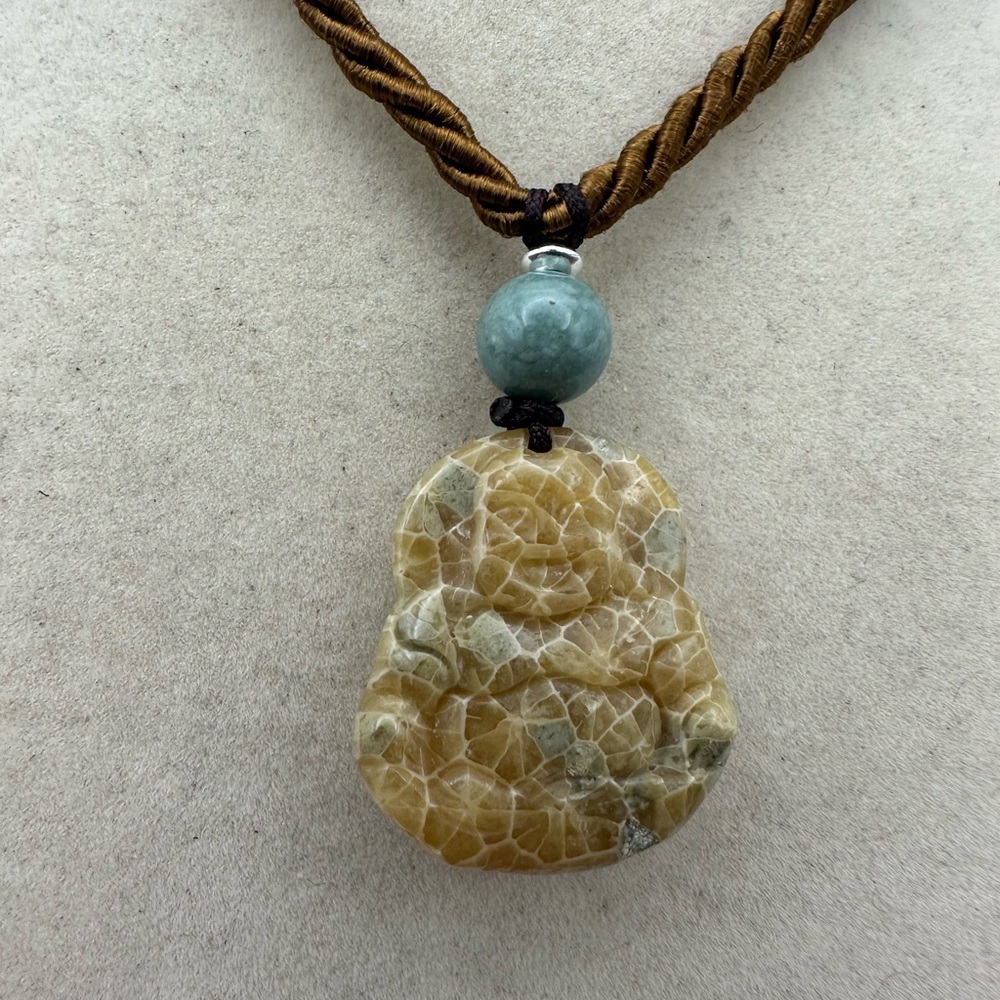 Coral Fossil Buddha Pendant Necklace Sterling Silver and Jade Accent Beads - Picture 5 of 10